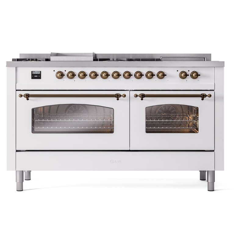 Nostalgie II 60 UP60FSNMPWHB Freestanding Dual Fuel Range with 7 Sealed Burners with Griddle and French Top Double Oven with Triple Glass Door with Bronze knobs UP60FSNMPWHBLP
