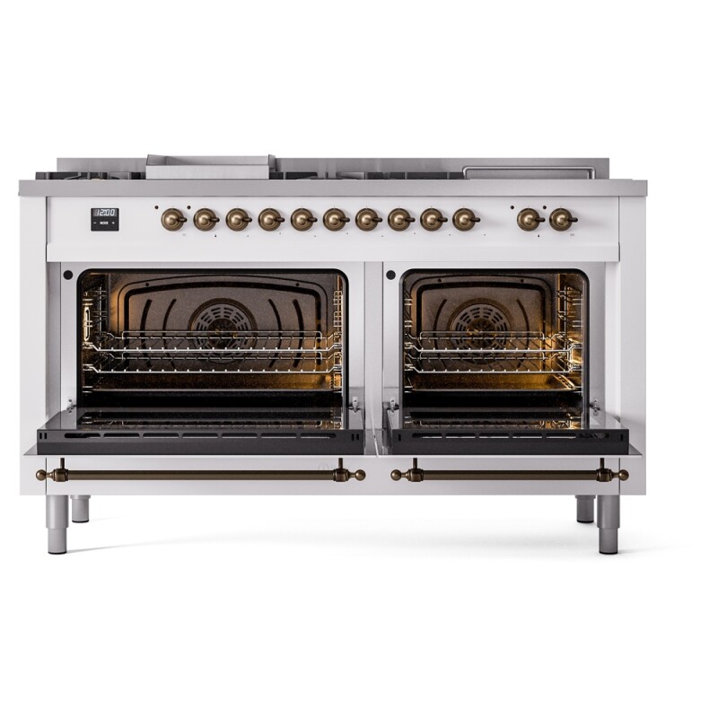 Nostalgie II 60 UP60FSNMPWHB Freestanding Dual Fuel Range with 7 Sealed Burners with Griddle and French Top Double Oven with Triple Glass Door with Bronze knobs UP60FSNMPWHBLP