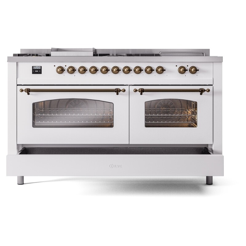 Nostalgie II 60 UP60FSNMPWHB Freestanding Dual Fuel Range with 7 Sealed Burners with Griddle and French Top Double Oven with Triple Glass Door with Bronze knobs UP60FSNMPWHBLP