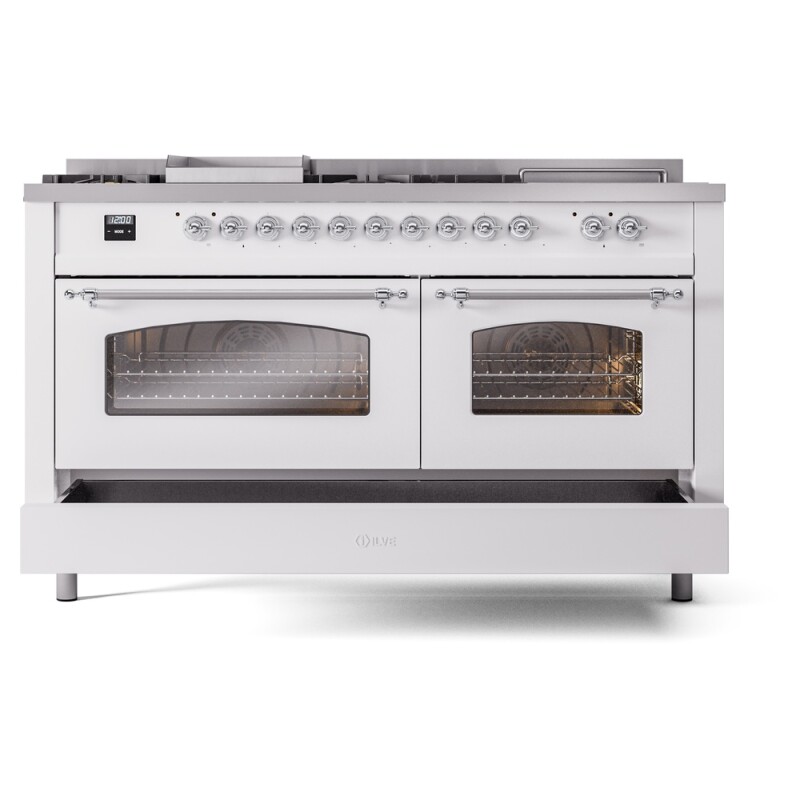 Nostalgie II 60 UP60FSNMPWHC Freestanding Dual Fuel Range with 7 Sealed Burners with Griddle and French Top Double Oven with Triple Glass Door with Chrome knobs UP60FSNMPWHC