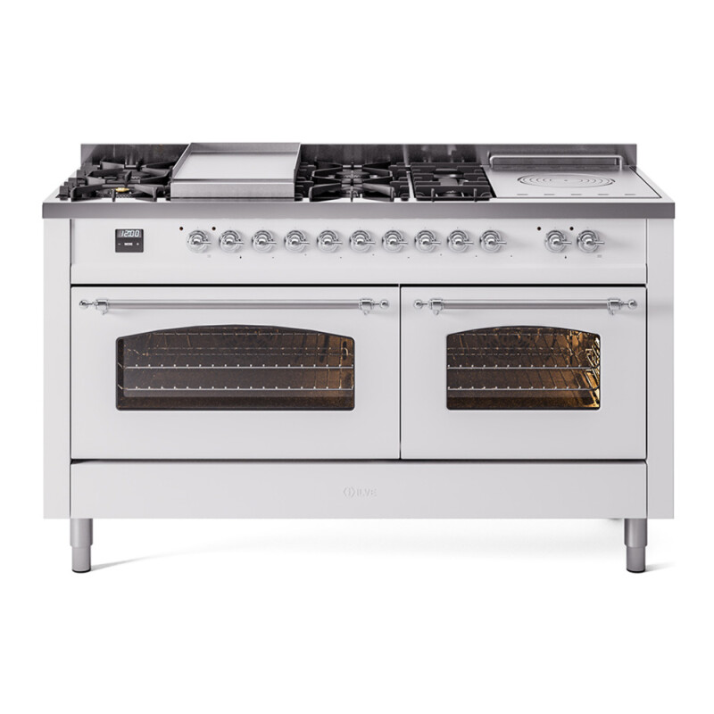 Nostalgie II 60 UP60FSNMPWHC Freestanding Dual Fuel Range with 7 Sealed Burners with Griddle and French Top Double Oven with Triple Glass Door with Chrome knobs UP60FSNMPWHCLP