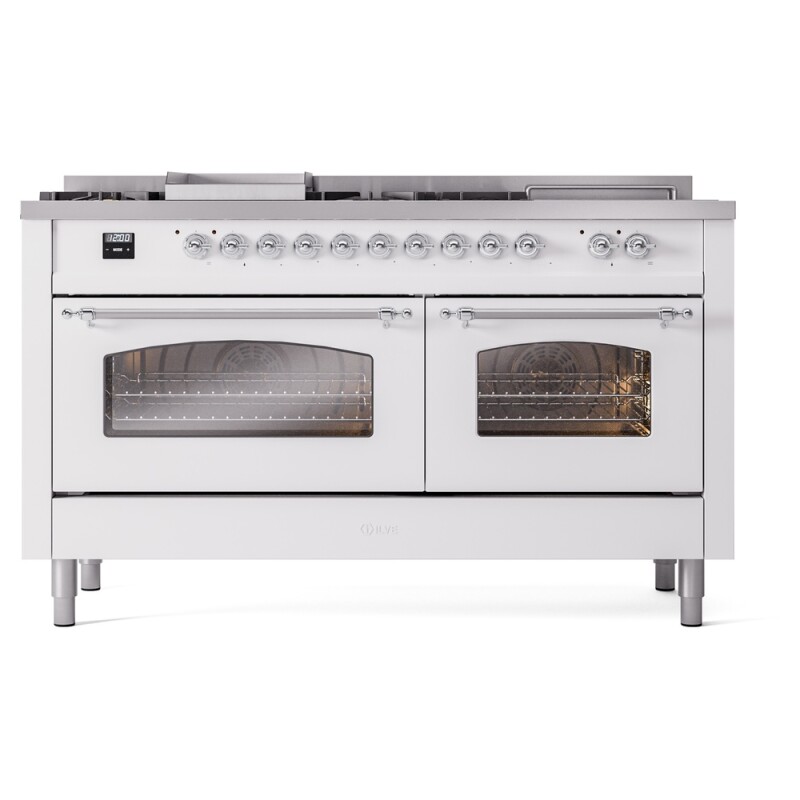 Nostalgie II 60 UP60FSNMPWHC Freestanding Dual Fuel Range with 7 Sealed Burners with Griddle and French Top Double Oven with Triple Glass Door with Chrome knobs UP60FSNMPWHCLP