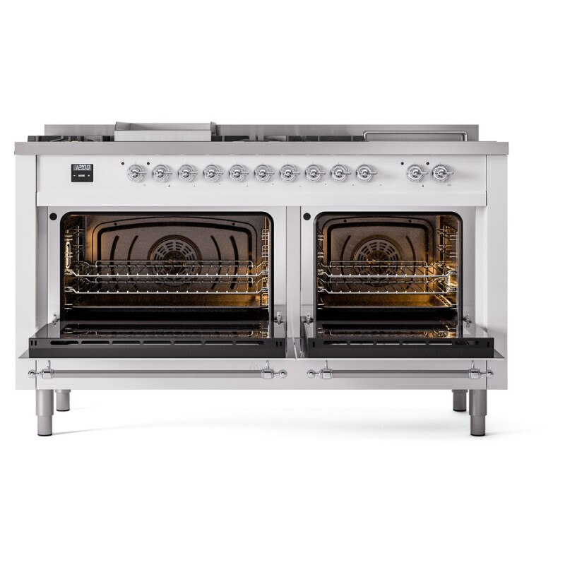Nostalgie II 60 UP60FSNMPWHC Freestanding Dual Fuel Range with 7 Sealed Burners with Griddle and French Top Double Oven with Triple Glass Door with Chrome knobs UP60FSNMPWHCLP