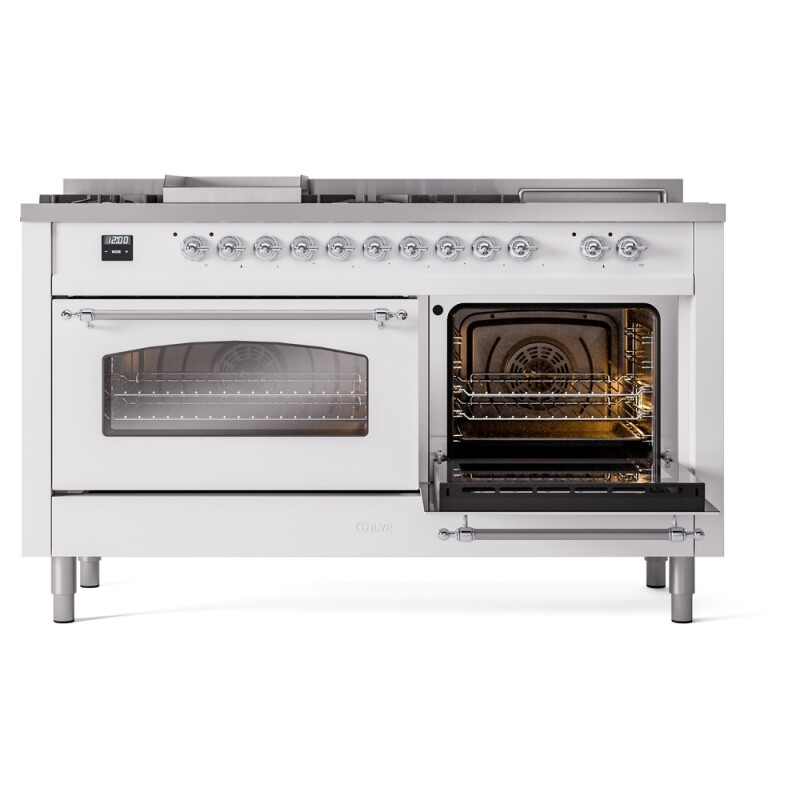 Nostalgie II 60 UP60FSNMPWHC Freestanding Dual Fuel Range with 7 Sealed Burners with Griddle and French Top Double Oven with Triple Glass Door with Chrome knobs UP60FSNMPWHCLP