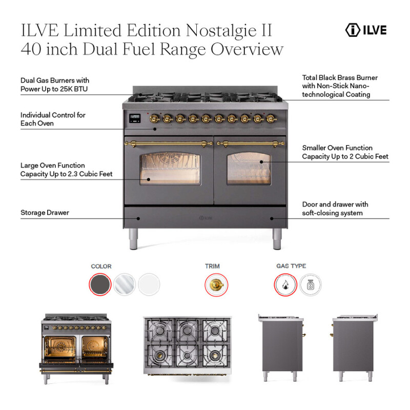 Nostalgie II 40 inch Dual Fuel Range with 6 Total Black Burners, Trim UPD406NMPMGG