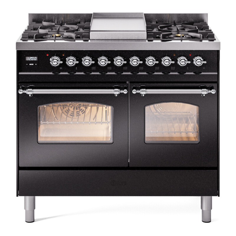 Nostalgie II 40 UPD40FNMPBKC Freestanding Dual Fuel Range with 6 Sealed Burners with Griddle Double Oven with Triple Glass Door with Chrome knobs UPD40FNMPBKCLP