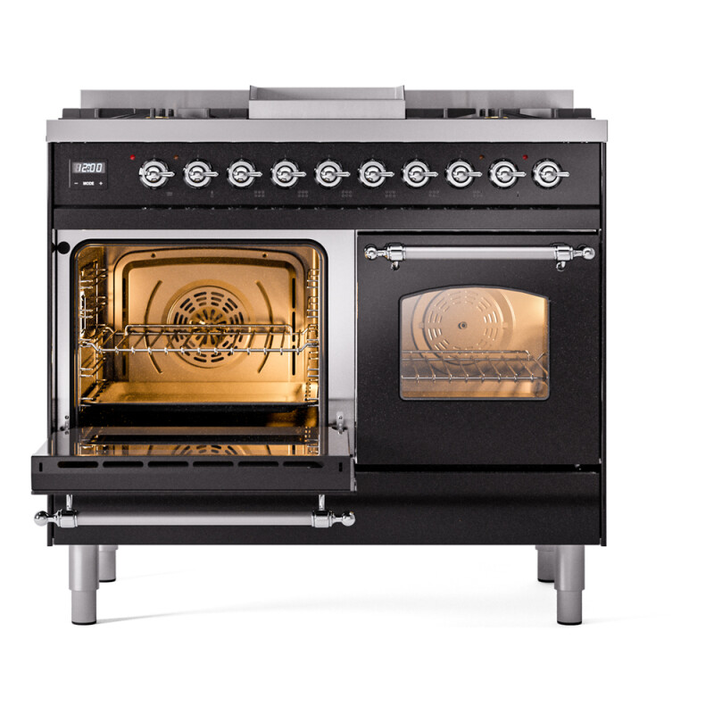 Nostalgie II 40 UPD40FNMPBKC Freestanding Dual Fuel Range with 6 Sealed Burners with Griddle Double Oven with Triple Glass Door with Chrome knobs UPD40FNMPBKCLP