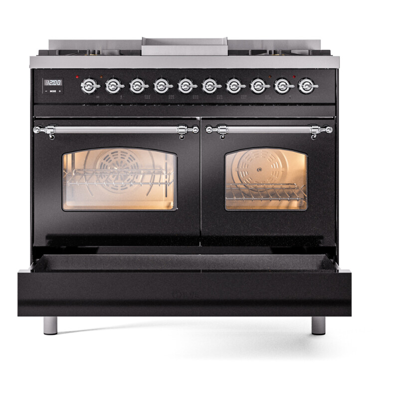 Nostalgie II 40 UPD40FNMPBKC Freestanding Dual Fuel Range with 6 Sealed Burners with Griddle Double Oven with Triple Glass Door with Chrome knobs UPD40FNMPBKCLP