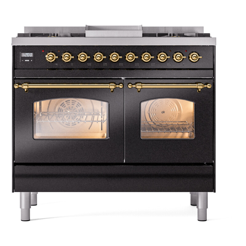 Nostalgie II 40 UPD40FNMPBKG Freestanding Dual Fuel Range with 6 Sealed Burners with Griddle Double Oven with Triple Glass Door with Brass knobs UPD40FNMPBKGLP