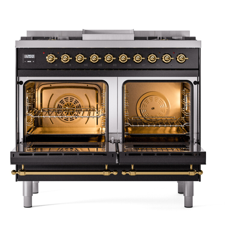 Nostalgie II 40 UPD40FNMPBKG Freestanding Dual Fuel Range with 6 Sealed Burners with Griddle Double Oven with Triple Glass Door with Brass knobs UPD40FNMPBKGLP