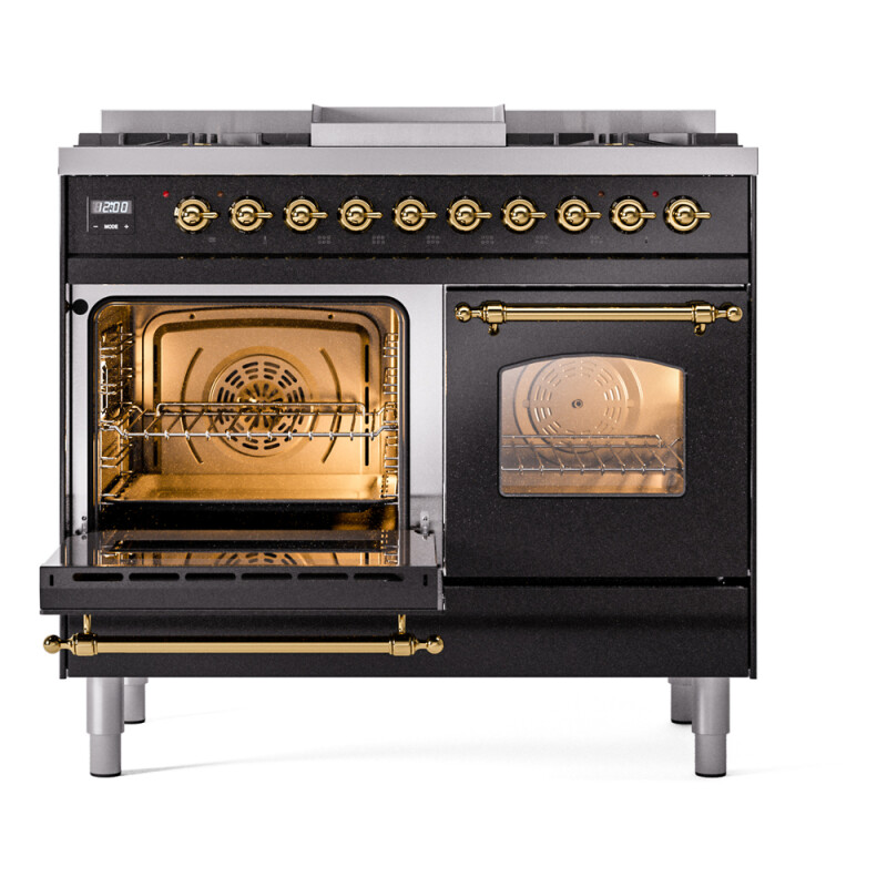 Nostalgie II 40 UPD40FNMPBKG Freestanding Dual Fuel Range with 6 Sealed Burners with Griddle Double Oven with Triple Glass Door with Brass knobs UPD40FNMPBKGLP