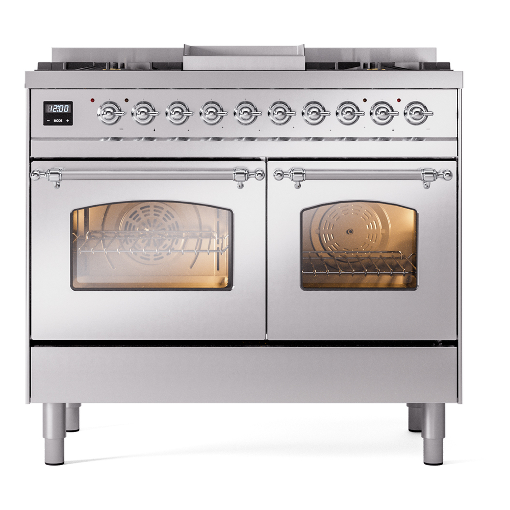 Nostalgie II 40 UPD40FNMPSSC Freestanding Dual Fuel Range with 6 Sealed Burners with Griddle Double Oven with Triple Glass Door with Chrome knobs UPD40FNMPSSCLP