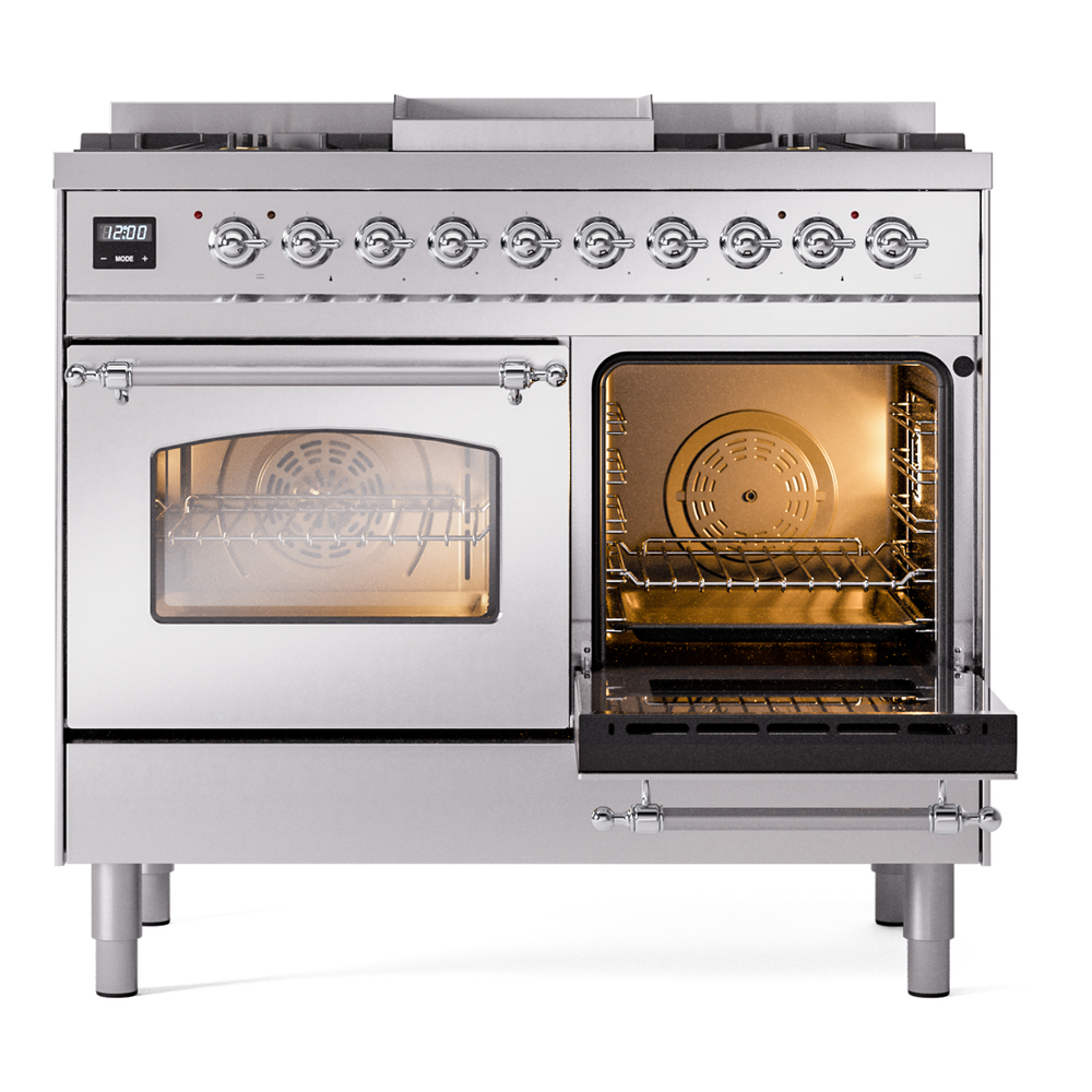 Nostalgie II 40 UPD40FNMPSSC Freestanding Dual Fuel Range with 6 Sealed Burners with Griddle Double Oven with Triple Glass Door with Chrome knobs UPD40FNMPSSCLP