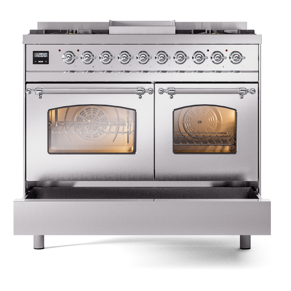 Nostalgie II 40 UPD40FNMPSSC Freestanding Dual Fuel Range with 6 Sealed Burners with Griddle Double Oven with Triple Glass Door with Chrome knobs UPD40FNMPSSCLP