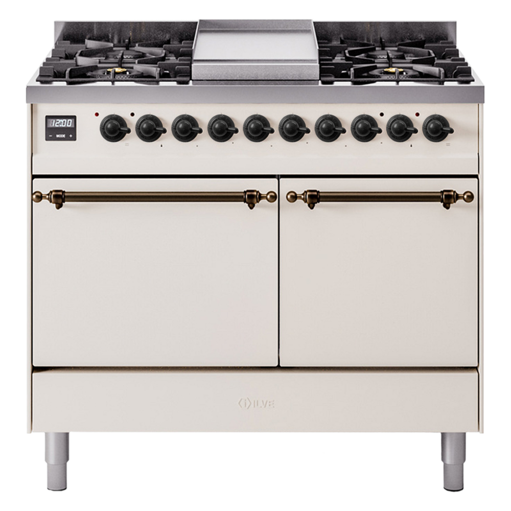 Nostalgie II 40 UPD40FQNMPAWB Freestanding Dual Fuel Range with 6 Sealed Burners with Griddle Double Oven with Solid Door with Bronze knobs UPD40FQNMPAWBLP