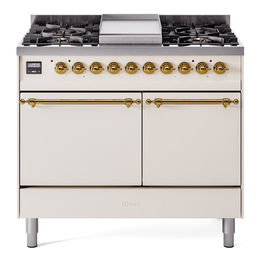 Nostalgie II 40 UPD40FQNMPAWG Freestanding Dual Fuel Range with 6 Sealed Burners with Griddle Double Oven with Solid Door with Brass knobs UPD40FQNMPAWGLP