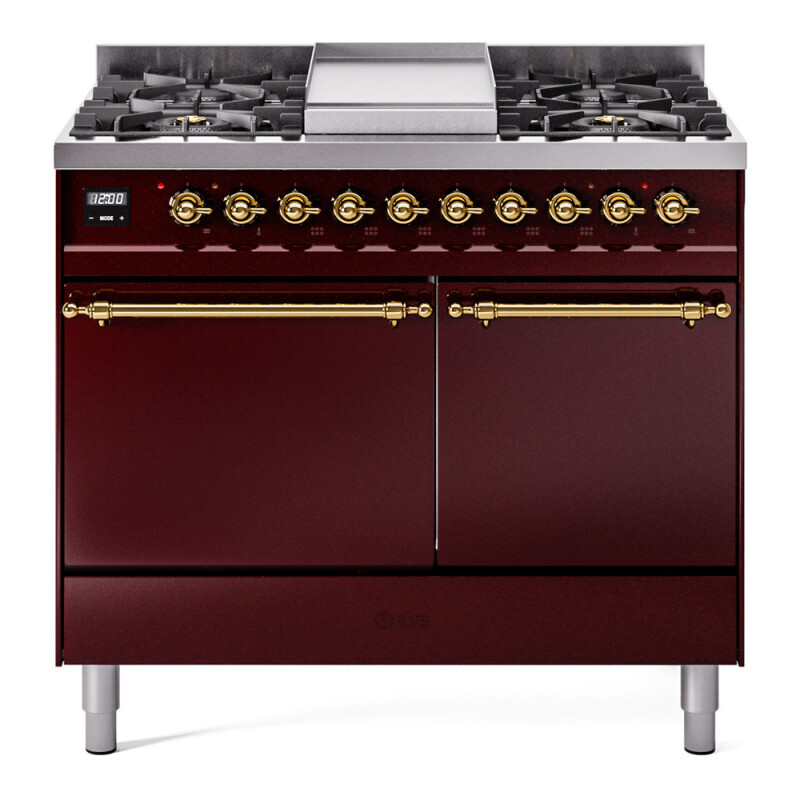 Nostalgie II 40 UPD40FQNMPBUG Freestanding Dual Fuel Range with 6 Sealed Burners with Griddle Double Oven with Solid Door with Brass knobs UPD40FQNMPBUG