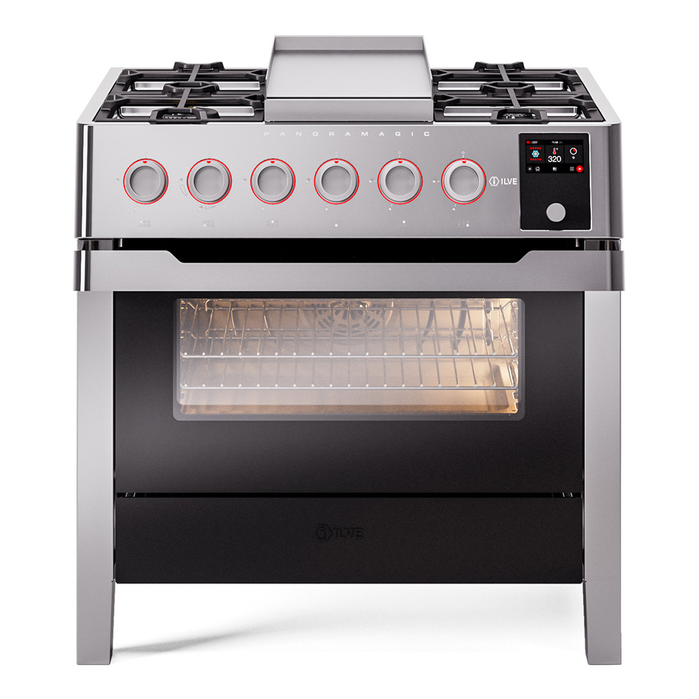 Panoramagic 36 UPM09FDS3SS Freestanding Dual Fuel Range with 6 Sealed Burners with Griddle Single Oven with Triple Glass Door with Satin knobs UPM09FDS3SSLP