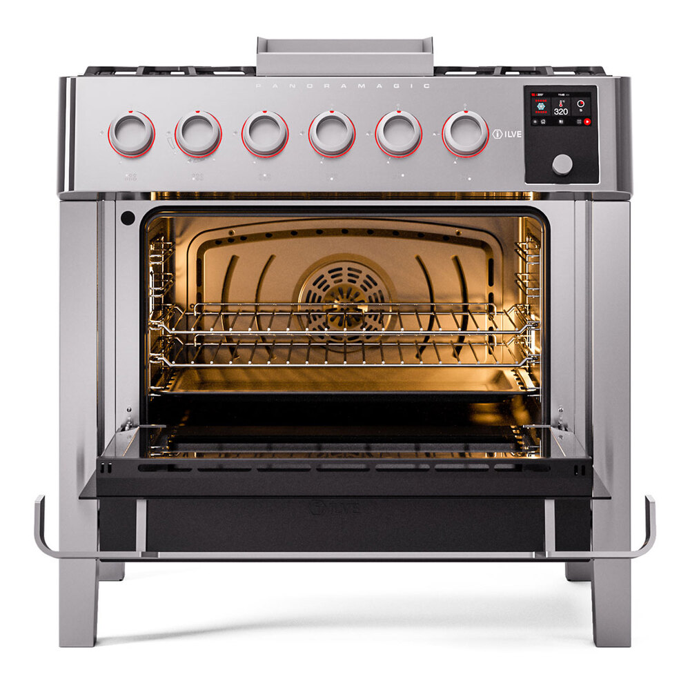 Panoramagic 36 UPM09FDS3SS Freestanding Dual Fuel Range with 6 Sealed Burners with Griddle Single Oven with Triple Glass Door with Satin knobs UPM09FDS3SSLP
