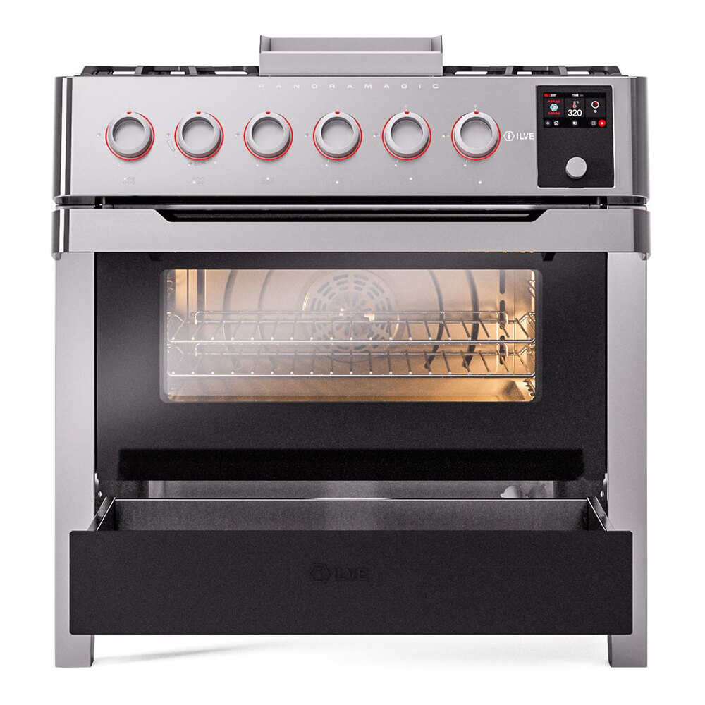 Panoramagic 36 UPM09FDS3SS Freestanding Dual Fuel Range with 6 Sealed Burners with Griddle Single Oven with Triple Glass Door with Satin knobs UPM09FDS3SSLP