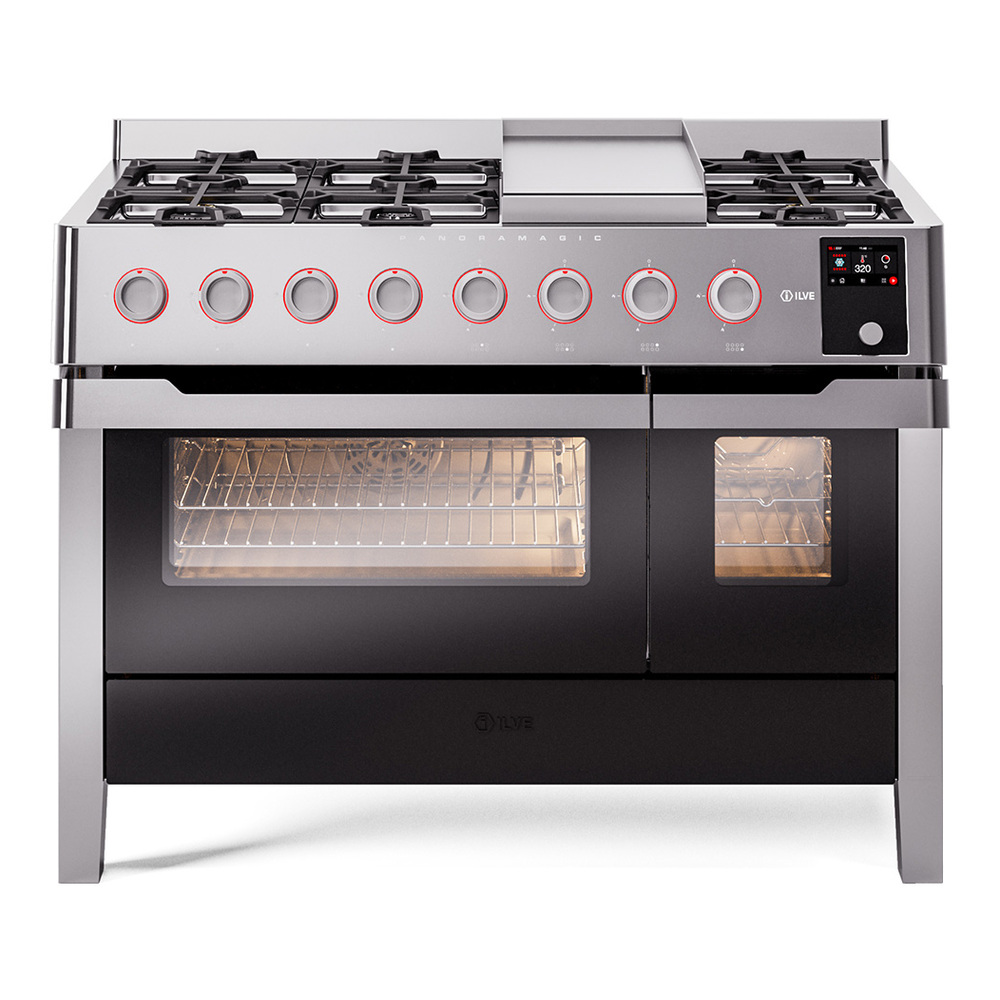 Panoramagic 48 UPM12FDS3SS Freestanding Dual Fuel Range with 8 Sealed Burners with Griddle Double Oven with Triple Glass Door with Satin knobs UPM12FDS3SS