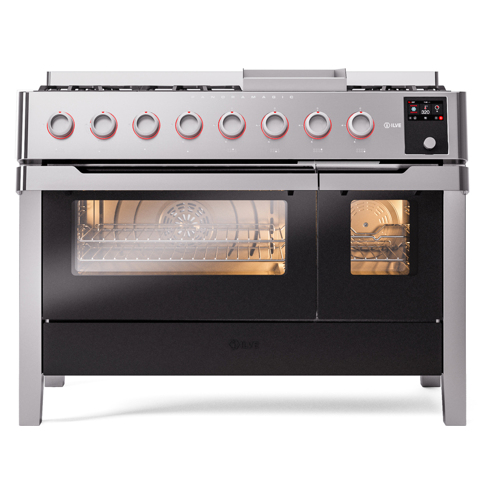 Panoramagic 48 UPM12FDS3SS Freestanding Dual Fuel Range with 8 Sealed Burners with Griddle Double Oven with Triple Glass Door with Satin knobs UPM12FDS3SS