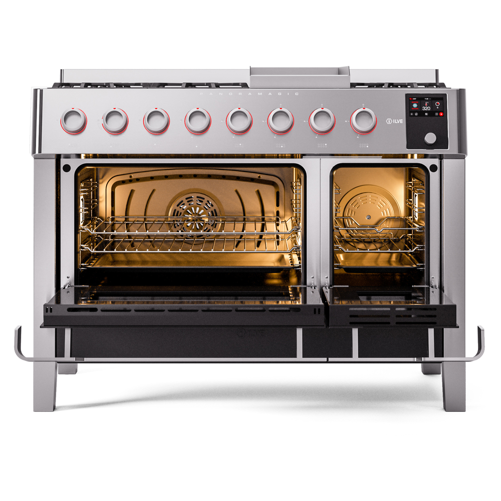 Panoramagic 48 UPM12FDS3SS Freestanding Dual Fuel Range with 8 Sealed Burners with Griddle Double Oven with Triple Glass Door with Satin knobs UPM12FDS3SS