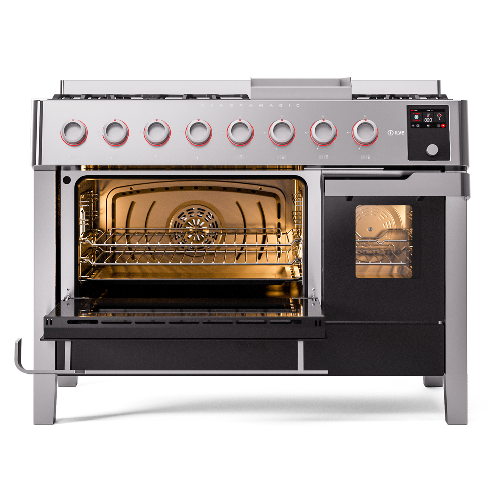 Panoramagic 48 UPM12FDS3SS Freestanding Dual Fuel Range with 8 Sealed Burners with Griddle Double Oven with Triple Glass Door with Satin knobs UPM12FDS3SS
