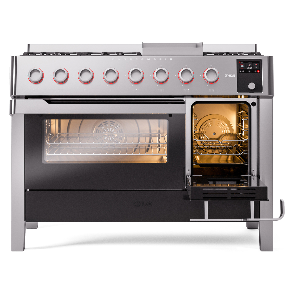 Panoramagic 48 UPM12FDS3SS Freestanding Dual Fuel Range with 8 Sealed Burners with Griddle Double Oven with Triple Glass Door with Satin knobs UPM12FDS3SS