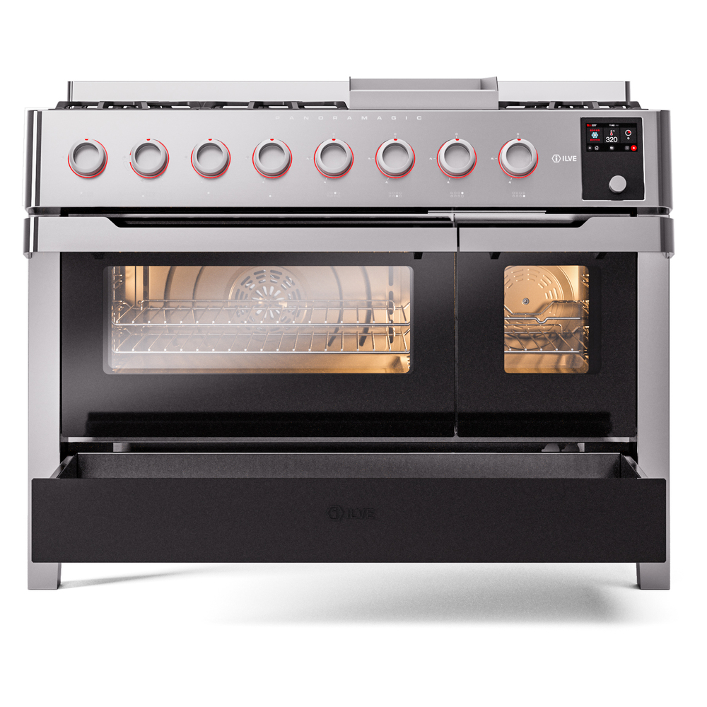 Panoramagic 48 UPM12FDS3SS Freestanding Dual Fuel Range with 8 Sealed Burners with Griddle Double Oven with Triple Glass Door with Satin knobs UPM12FDS3SS