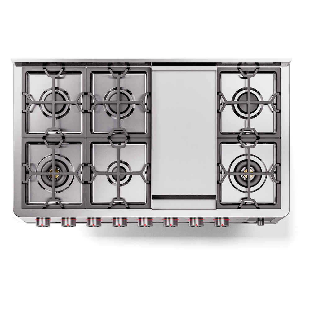 Panoramagic 48 UPM12FDS3SS Freestanding Dual Fuel Range with 8 Sealed Burners with Griddle Double Oven with Triple Glass Door with Satin knobs UPM12FDS3SS