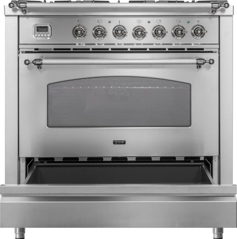 Nostalgie Series 36 inch Freestanding All Gas Range with Natural Gas, 5 Sealed Burners, Griddle, 3.55 cu. ft. Total Oven Capacity, Convection Oven, Viewing Window, Continuous Grates, Storage UPN90FDVGGIX