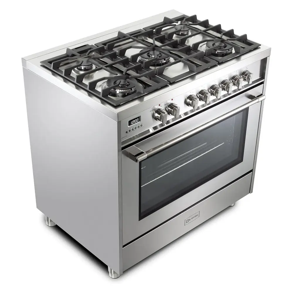 36 inch Prima Series Freestanding Dual Fuel Range with 5 Sealed SABAF Burners, 5 cu. ft. Oven Capacity, Touch Control Clock VPRFSGE365SS
