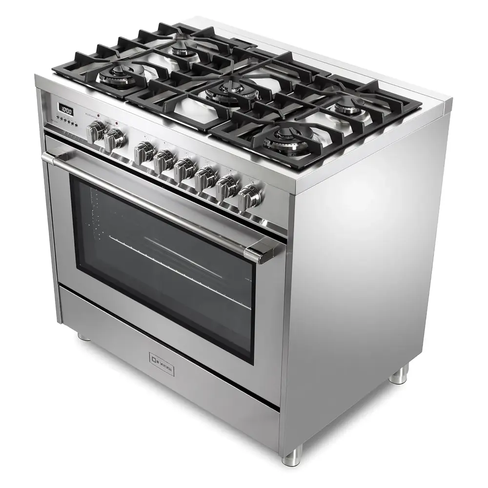 36 inch Prima Series Freestanding Dual Fuel Range with 5 Sealed SABAF Burners, 5 cu. ft. Oven Capacity, Touch Control Clock VPRFSGE365SS