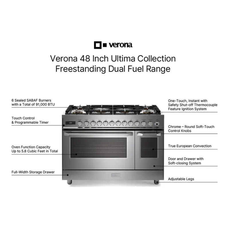 48 inch Ultima Collection Dual Fuel Range with 6 Brass Sealed Burners, 5.8 cu. ft. Oven Capacity, Digital Clock VUFSGE486DSS