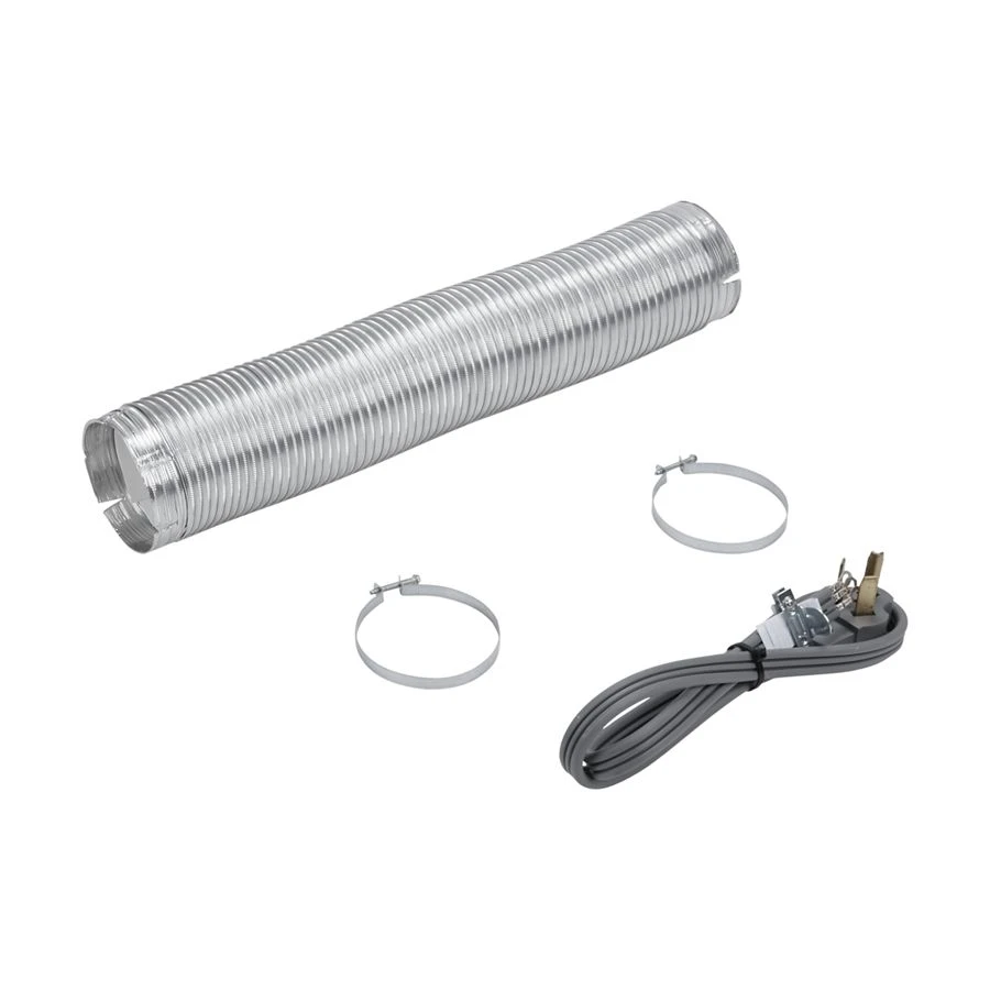 4' Black Dryer Vent Kit power cord, 3-wire, right-angle 3-prong plug, 8' metal slit-cuff vent, and two 4" clamps W10182829RB