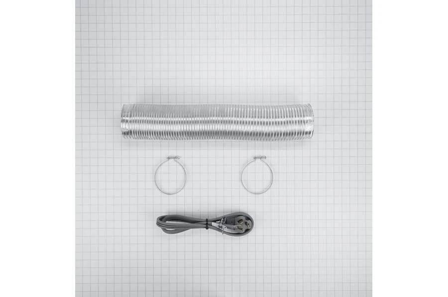 4' Black Dryer Vent Kit power cord, 3-wire, right-angle 3-prong plug, 8' metal slit-cuff vent, and two 4" clamps W10182829RB