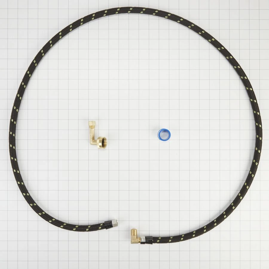 Dishwasher Water Line Installation Kit with 6' braided hose, 3/8" comp x 3/8" NPT male elbow fitting, 3/4" NH x 3/8" comp gooseneck fitting with EPDM washer, teflon tape, and instructions W10278636RC