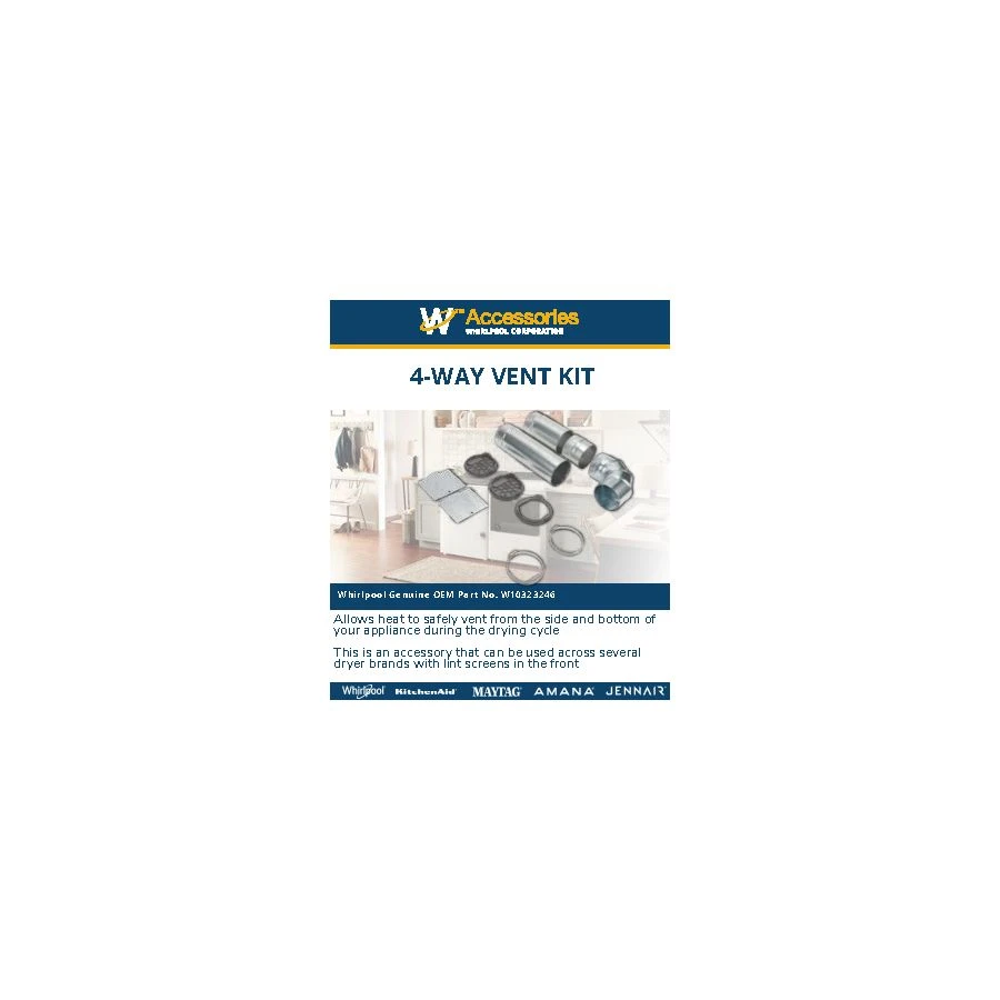 4-way internal dryer vent kit for Left, Right, and Bottom venting, compatible with WE/GD94/95/97HEX & ME/GD6000/7000X models. W10323246