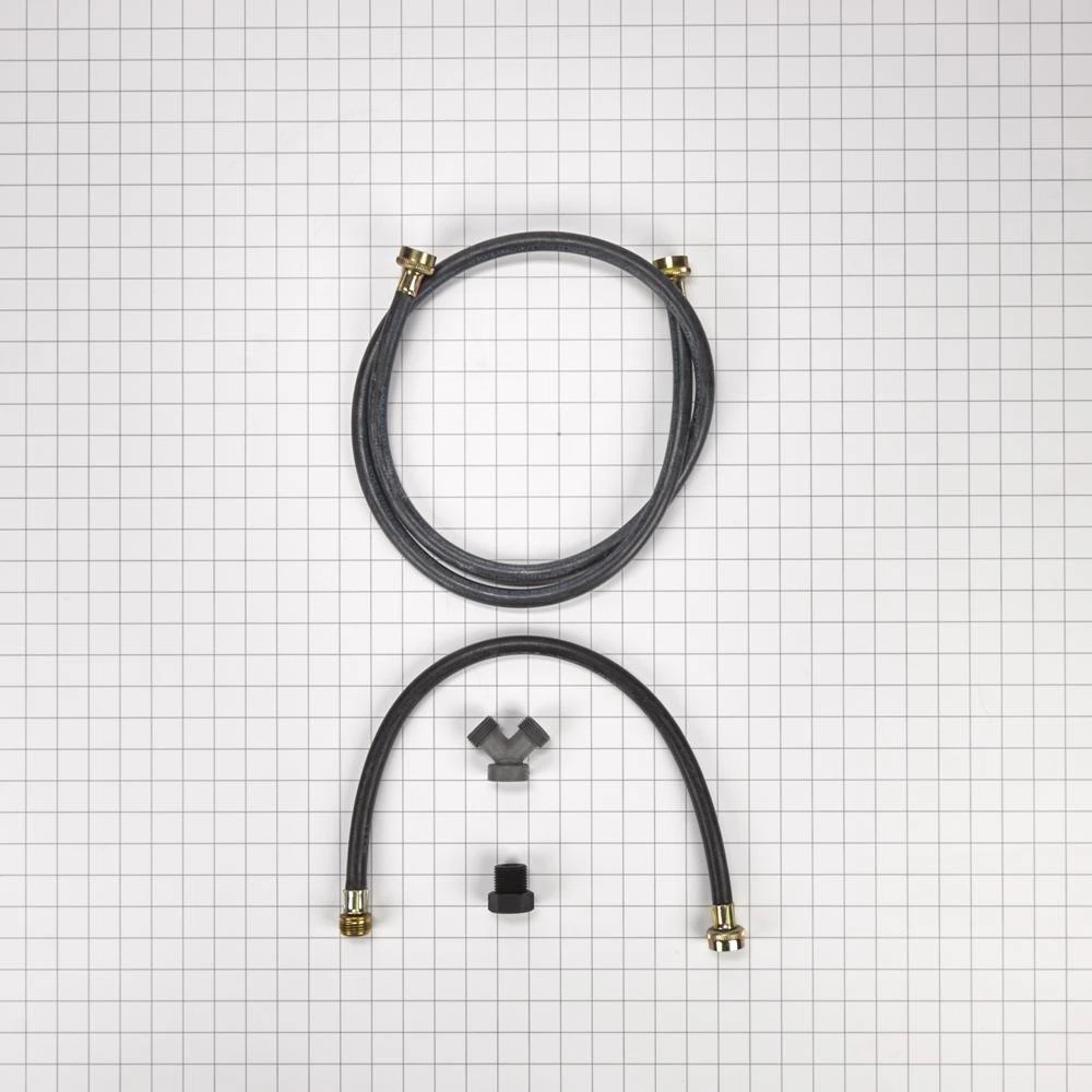 2' and 5' Black braided steam dryer hose kit with 90-degree elbow, Y-connector, 2 adaptors, and O-ring washers - 1 pack W10443301A