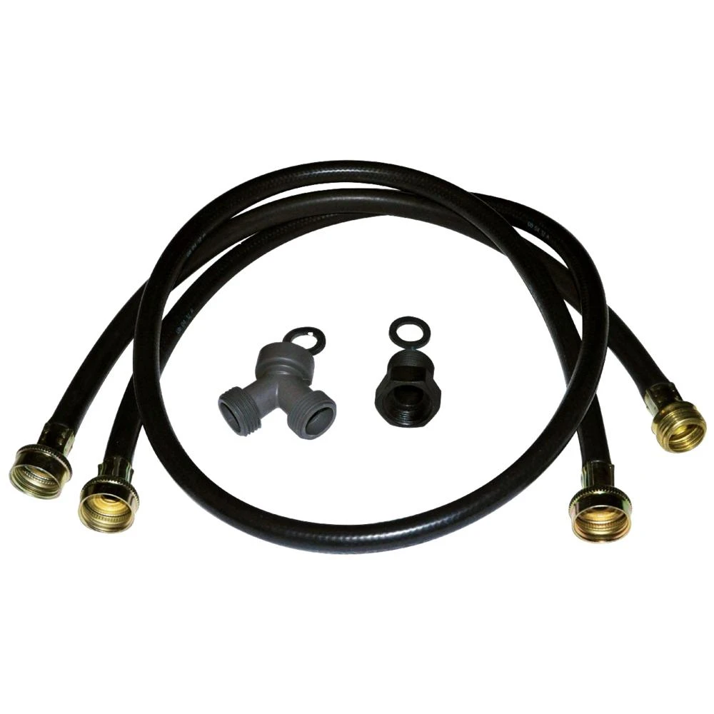 2' and 5' Black braided steam dryer hose kit with 90-degree elbow, Y-connector, 2 adaptors, and O-ring washers - 1 pack W10443301A