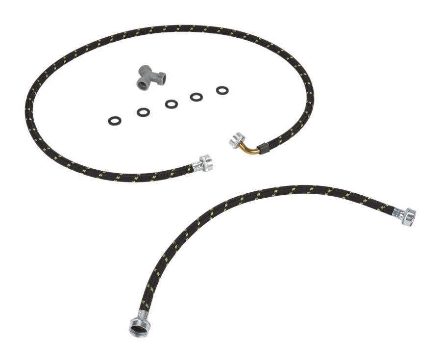 2' and 5' Black braided steam dryer hose kit with 90-degree elbow, Y-connector, and 5 washers - 1 pack W10623830