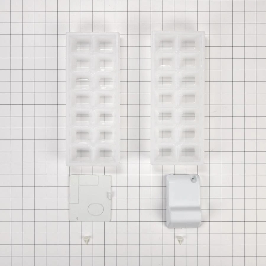 Ice Maker Kit, with (1) plastic closure, (3) hole plugs, (1) evaporator cover, (1) tube fitting cover and (2) ice trays W11412645
