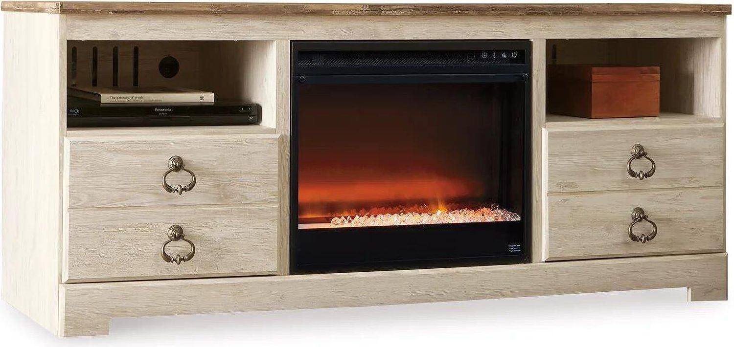 Willowton 64 Inch TV Stand with Electric Fireplace In Washed White W267W10