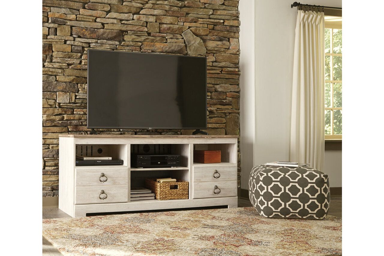 Willowton 64 Inch TV Stand with Electric Fireplace In Washed White W267W10
