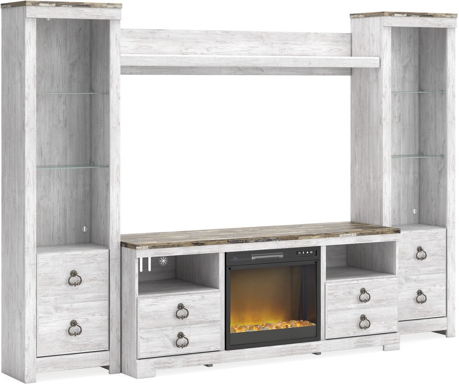 Willowton 4-Piece Entertainment Center with Electric Fireplace In White Wash W267W4