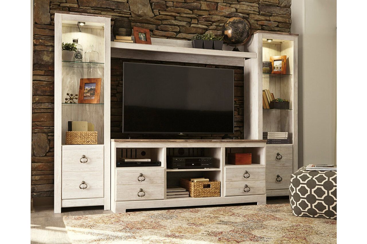 Willowton 4-Piece Entertainment Center with Electric Fireplace In White Wash W267W4