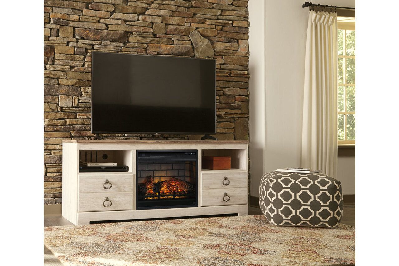 Willowton 4-Piece Entertainment Center with Electric Fireplace In White Wash W267W4