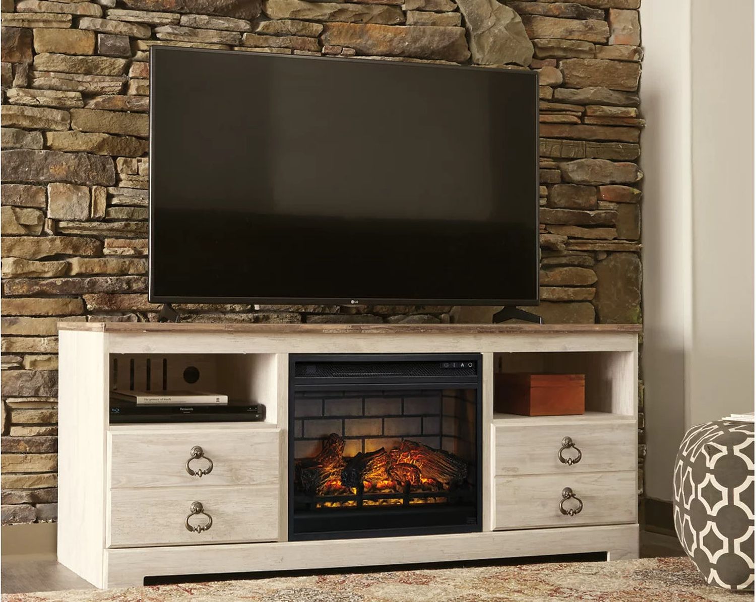Willowton Whitewash 64" TV Stand with Electric Fireplace W267W8
