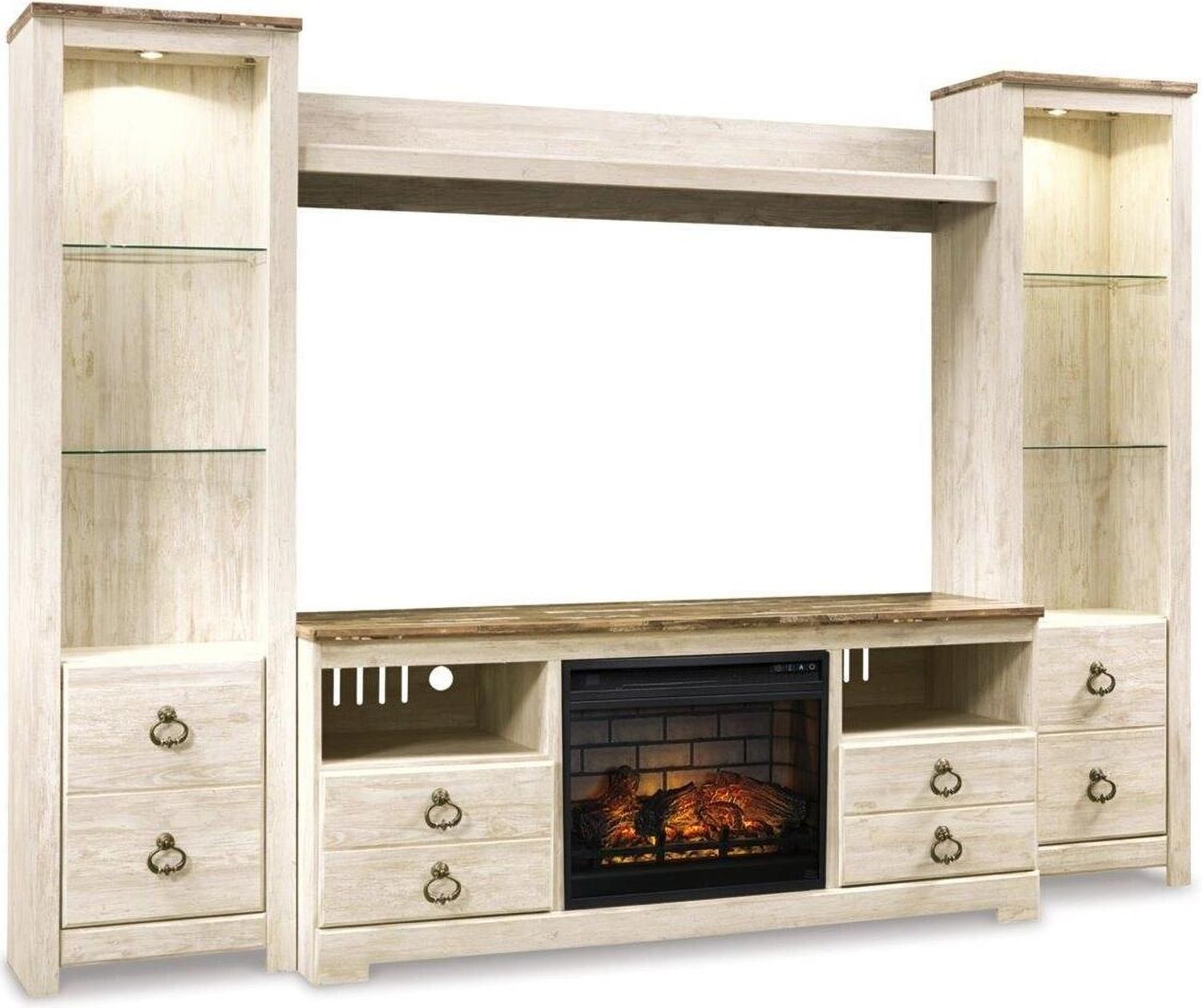 Willowton 4-Piece Entertainment Center with Electric Fireplace In White Wash W267W9